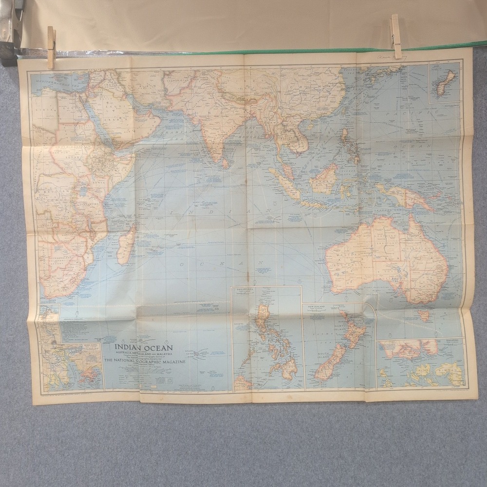 Vintage 1941 National Geographic Indian Ocean Map Australia New Zealand Malaysia - Picture 1 of 2